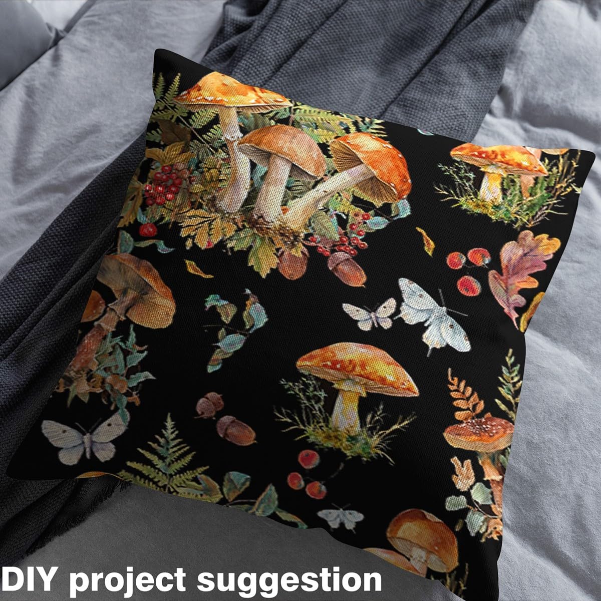 Watercolor Mushroom Fabric by The Yard Colorful Wild Leaves Jungle Butterfly Fabric for Sewing Supplies Rustic Garden Oil Painting Style Fabric for Room Decor and DIY Upholstery 2 Yards,72" L x 59" W