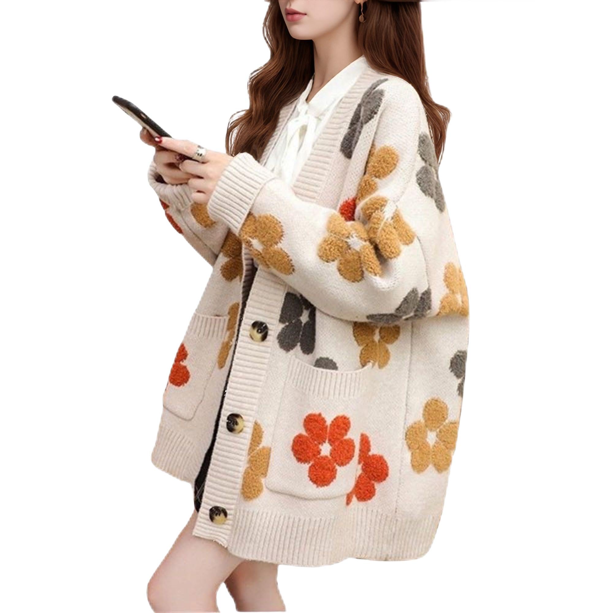 FindThy Womens Kawaii Floral Crochet Cardigan Long Sleeve Button Up Sweater with Pockets