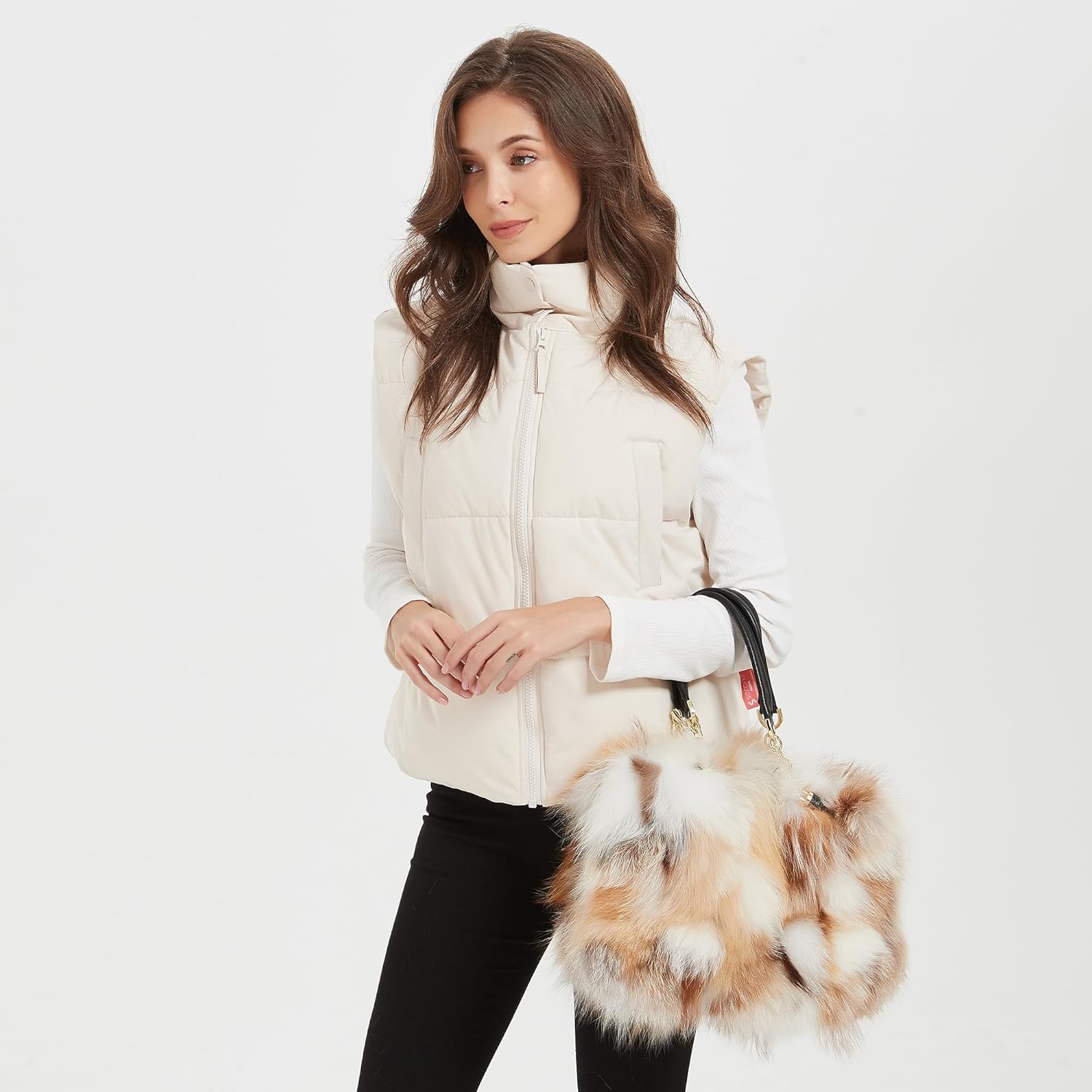 Fur Story Women's Real Red Fox Fur Chain Bag Fuzzy Shoulder Handbag Fluffy Tote Bag Fur Purses Big Capacity