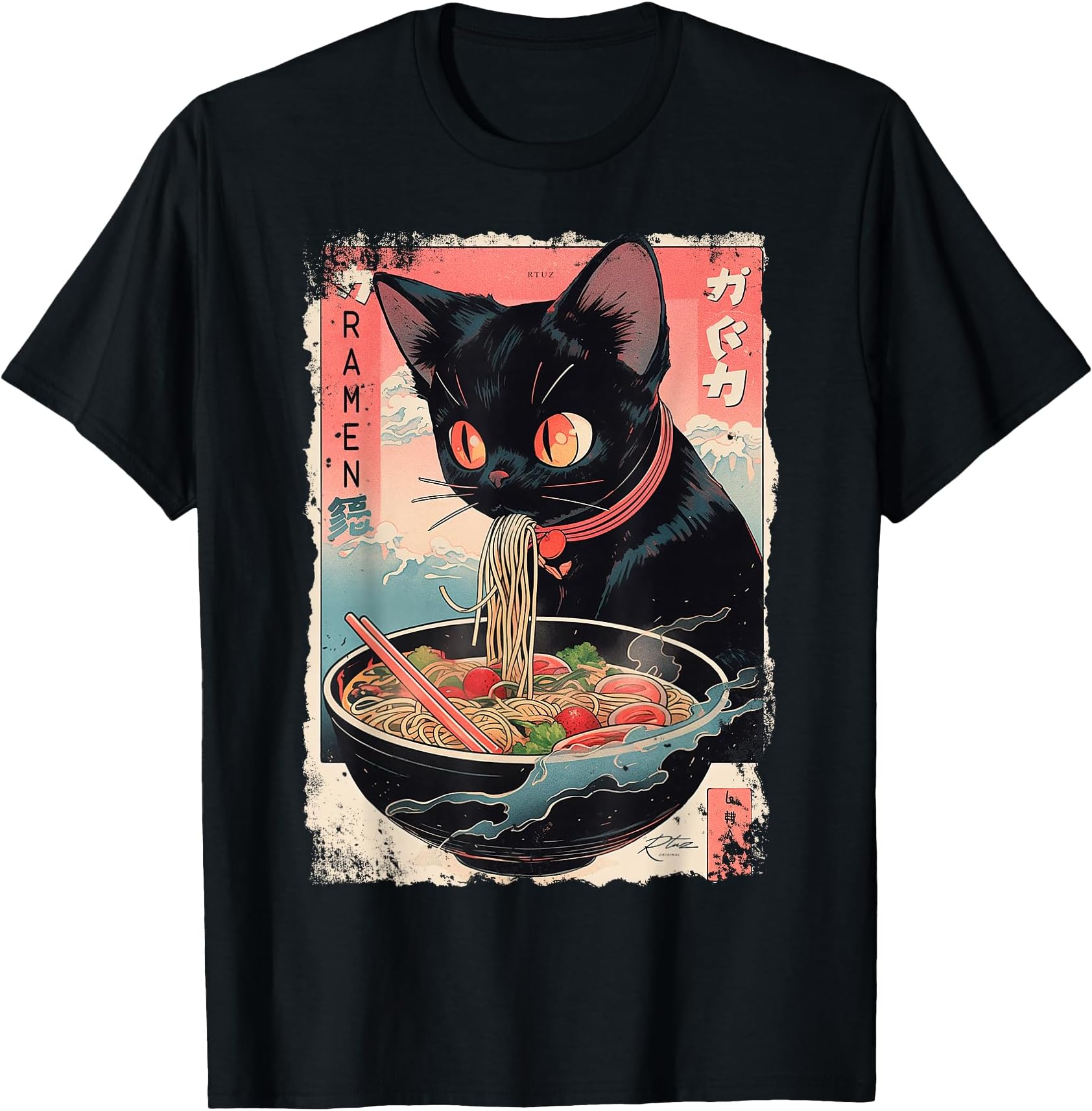 Ramen Noodles Cat Japan Y2K Kawaii Retro Cats Manga Anime Funny Tee T-Shirt