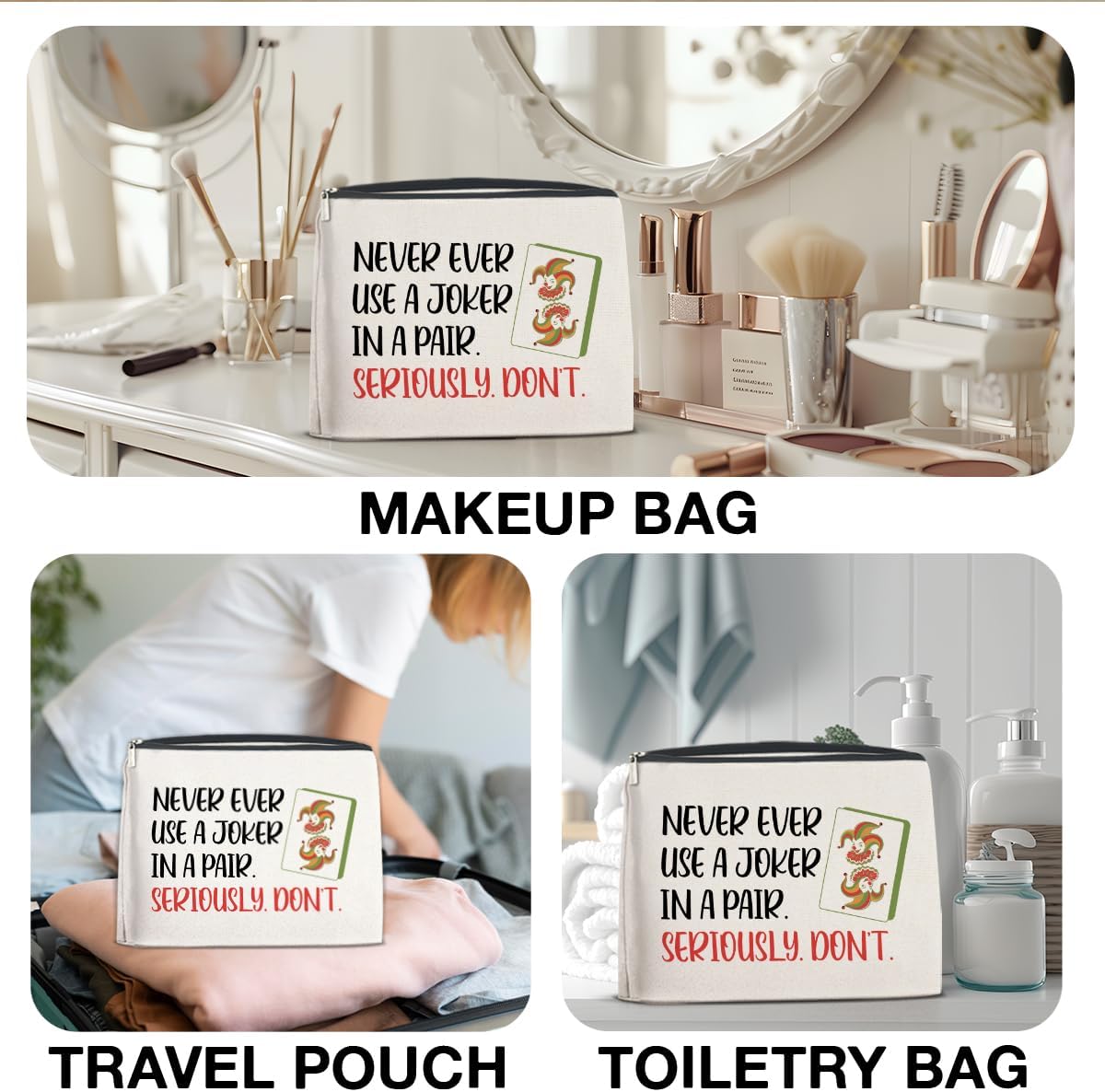 Funny Mahjong Joker Gifts Makeup Bag for Women, Birthday Gifts for Mahjong Game Players Friends Besties Never Ever Use a Joker in a Pair Cosmetic Bag Travel Toiletry Pouch for Purse - Image 6