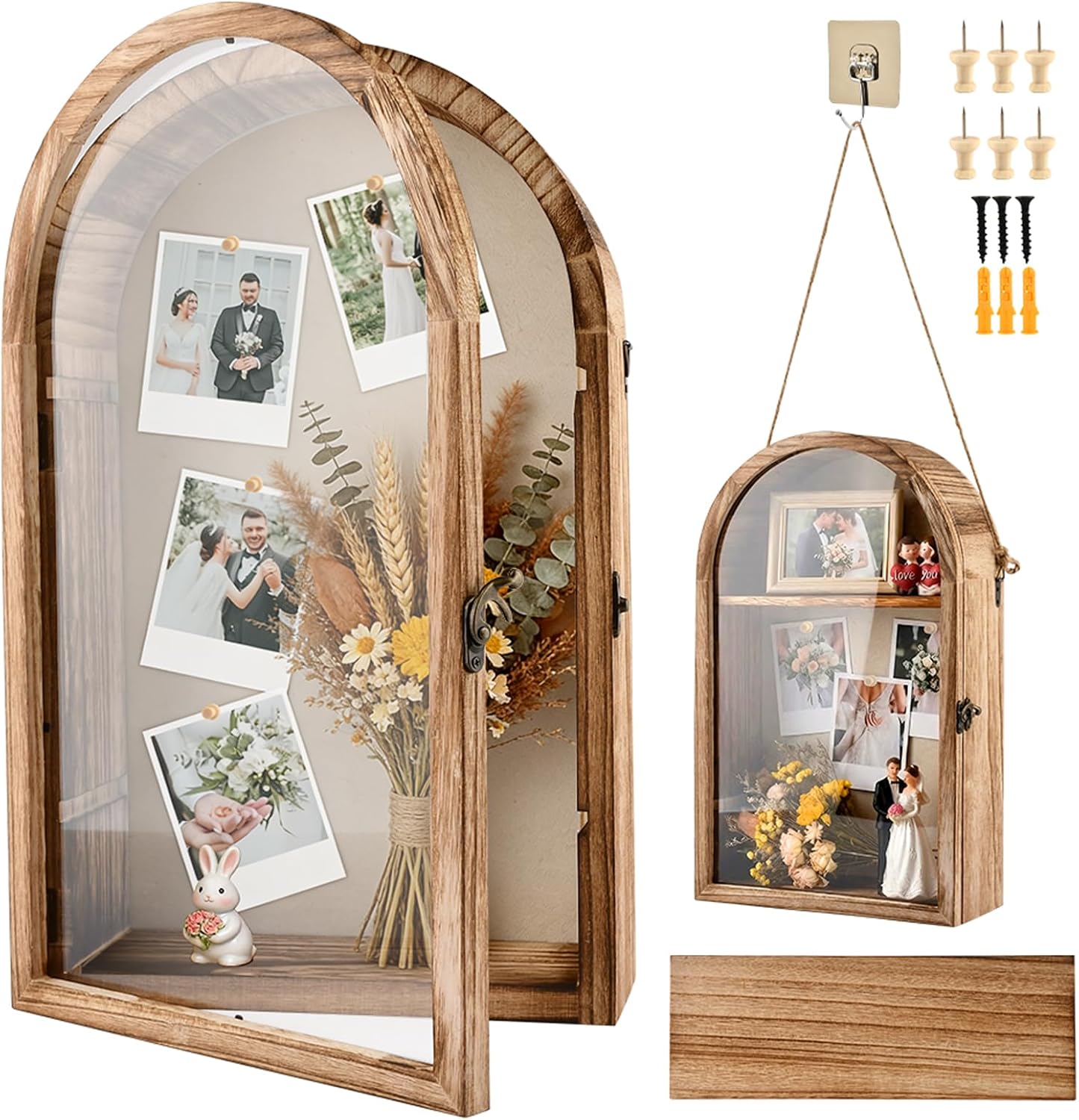 10x16 Shadow Box Frame, Large Shadow Boxes Display Cases with Linen Back and Removable Shelves, Arch Brown Wooden Memory Box for Medals, Photos, Memorabilia, Awards, Keepsakes(Carbonized)