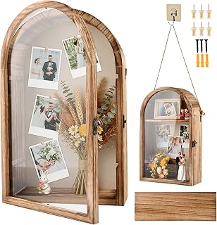 Shadow Box Frame, 10x16 Large Shadow Boxes Display Cases with Linen Back and Removable Shelves, Arch Memory Box for Medals, Photos, Memorabilia, Wedding Bouquet, Awards, Keepsakes, Carbonized Brown