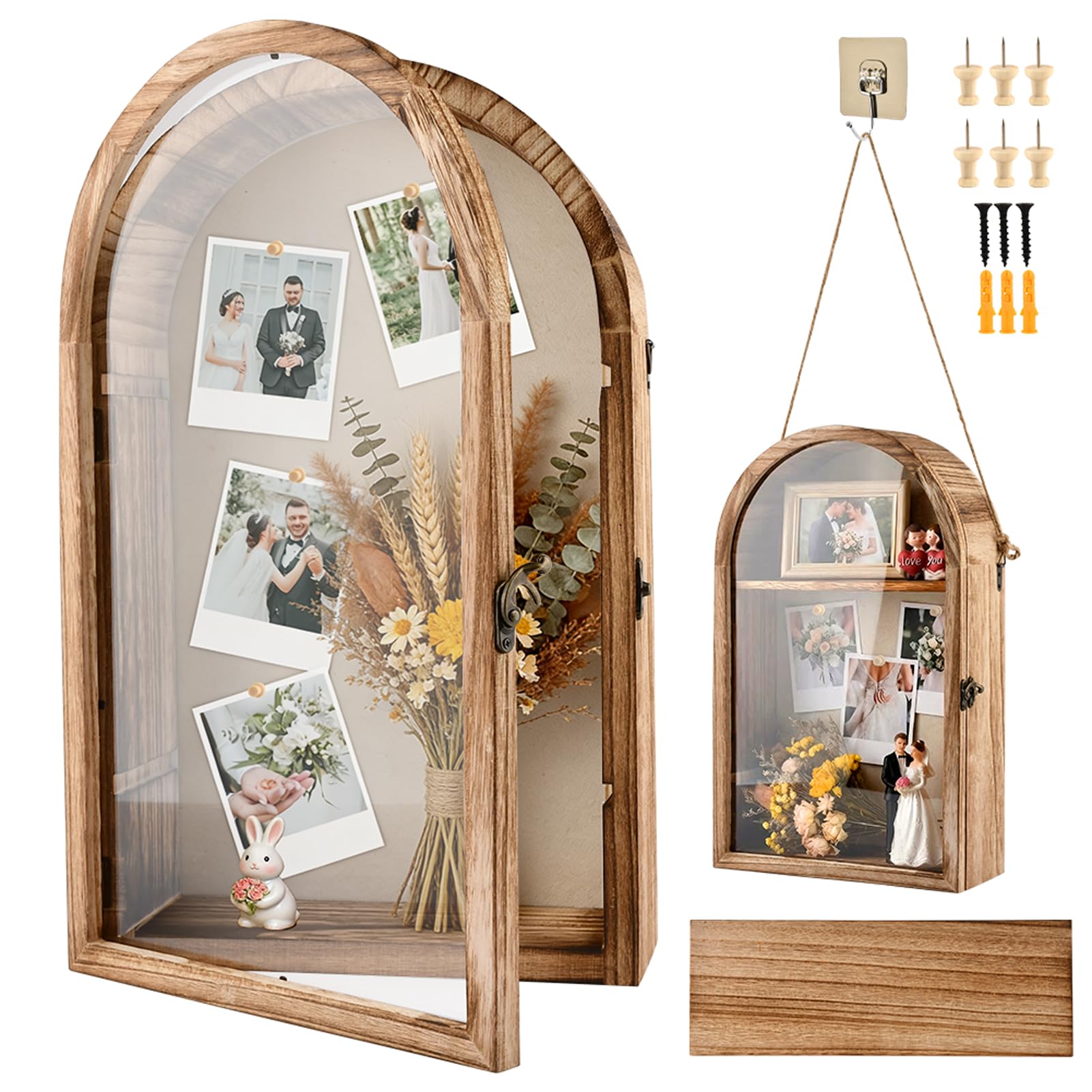 Photo 1 of 10x16 Shadow Box Frame, Large Shadow Boxes Display Cases with Linen Back and Removable Shelves, Arch Brown Wooden Memory Box for Medals, Photos, Memorabilia, Awards, Keepsakes(Carbonized)