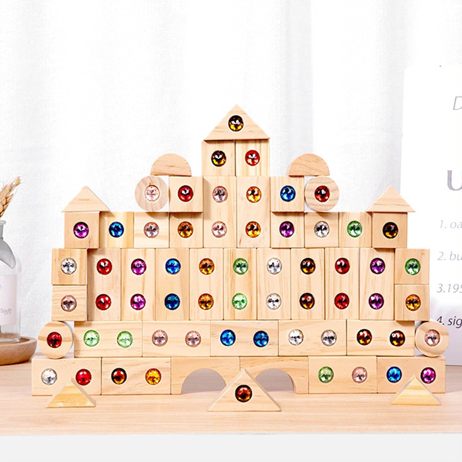 Acrylic Wooden Gem Block Wooden Blocks Set with Colorful Acrylic Inserts Rainbow Gem Cubes Stacking Blocks Early Learning Tool (50PCS)
