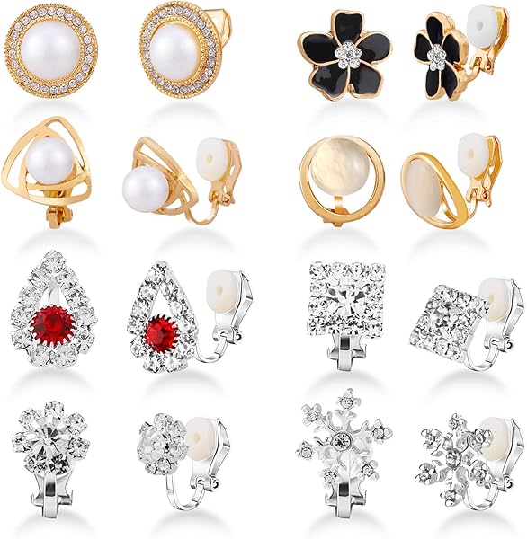Hifot Paires Boucles d'Oreilles Clip Non Percées avec Perles Faux et Flocons de Neige