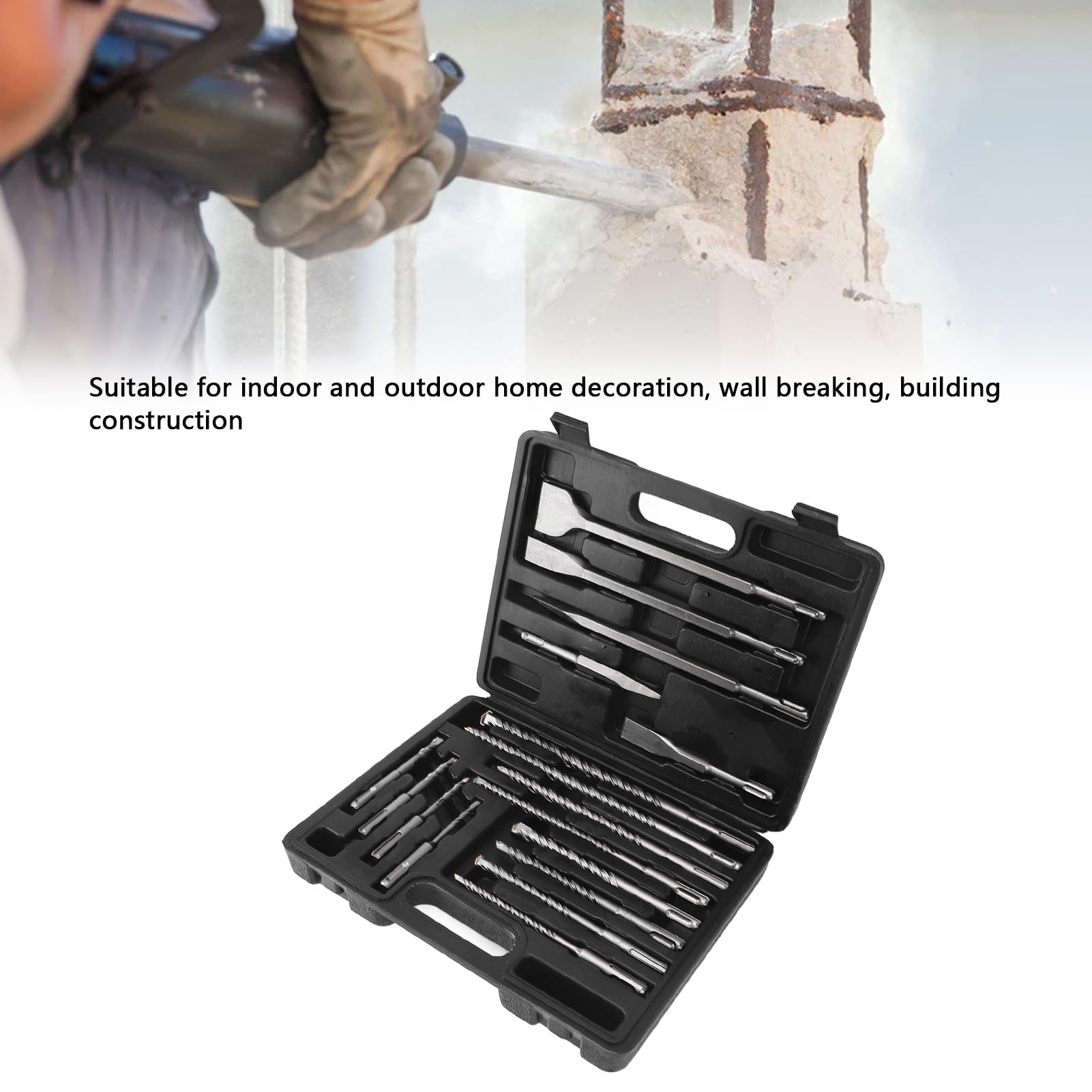 Luocute Juego de Brocas de Cincel y Taladro Percutor de 17 Piezas | Piezas de martillo perforador eléctrico con caja de plástico con redondo para romper paredes de azulejos de hormigón