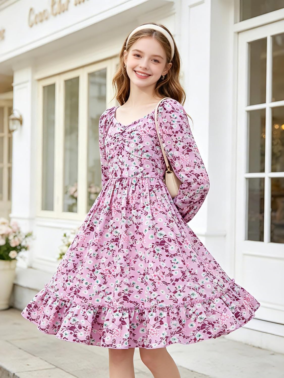 Girls Fall Dress Long Sleeve Ruffle A Line Twirl Dress Size 7-14