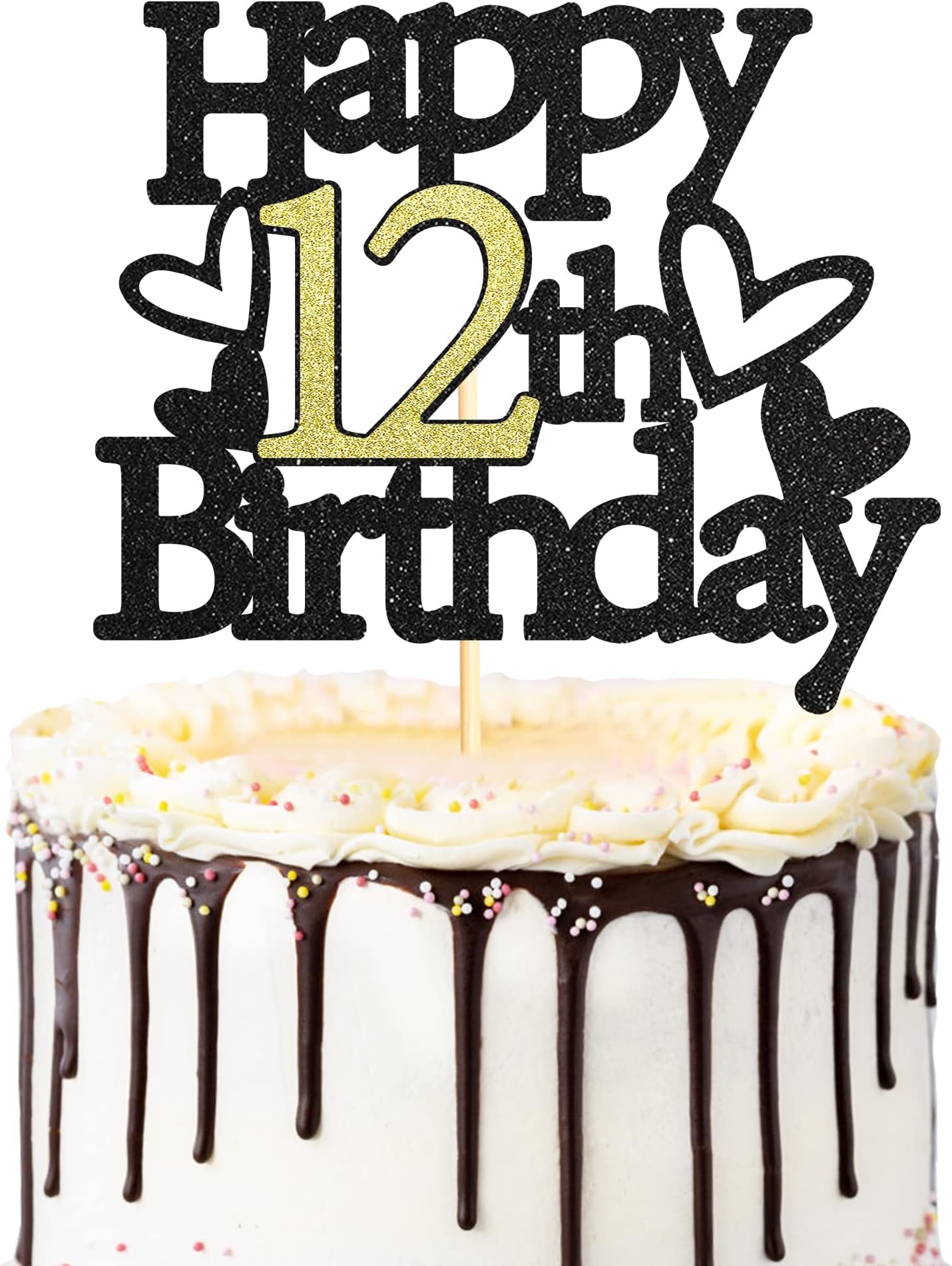 Sumerk Happy 12th Birthday Cake Topper,Glitter Cake Topper,12 Birthday Cake Decoration,Cake Decoration Supplies,Birthday Party Decoration Supplies (Gold & Black)