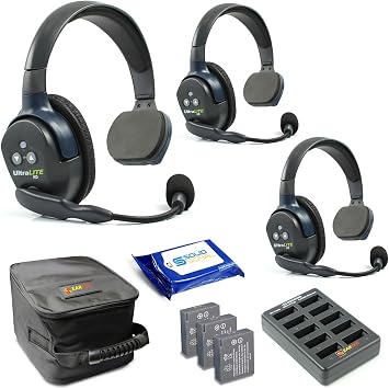 Eartec UL3S Ultralite HD Wireless Intercom Headset System, 3-Person Full Duplex, Single Ear, DECT Interference-Free, Up to 1000ft Range, Team Communication for Crews