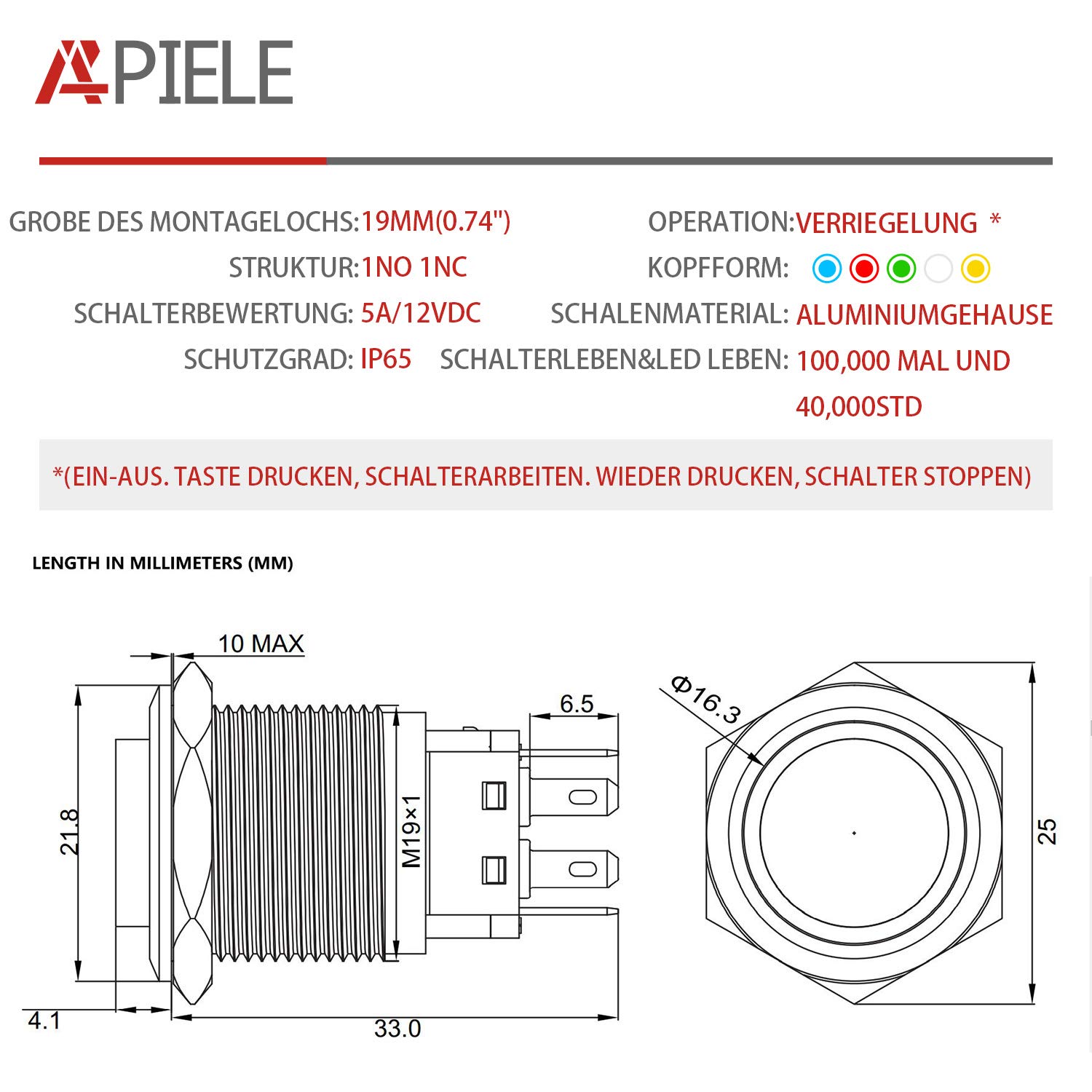 Pulsante Pressostato Metallo 19mm Con LED – 5V 12V 220V AC/DC – IP66 – Scegli Colore