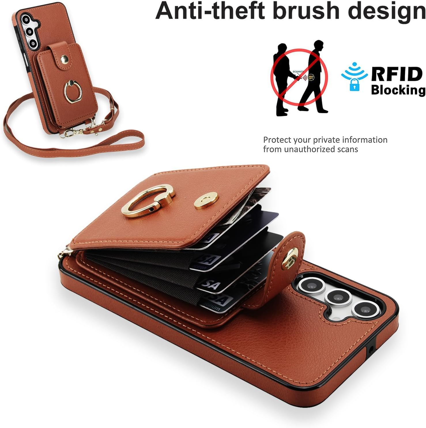 Phone Case for Samsung Galaxy A14/M14 5G Magnetic Wallet Cover and Screen Protector Ring Kickstand Crossbody Lanyard Strap Compatible with MagSafe RFID Blocking A 14 4G 14A for Women Men Brown