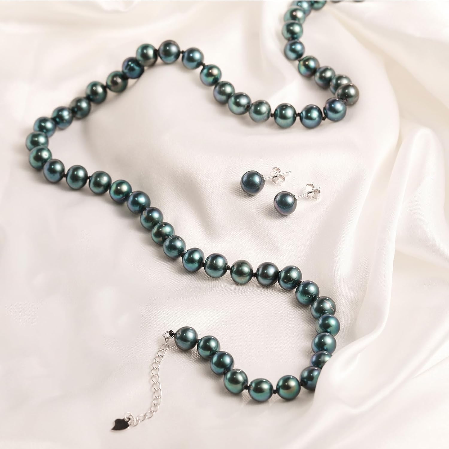 Tahitian Cultured Black Pearl Necklace & Earrings Set | 7.5-8mm Round Exotic Pearls with 925 Sterling Silver Clasp | Luxury Jewelry Gift for Wife/Mom/Girlfriend, 18"+2" Extender - Image 2