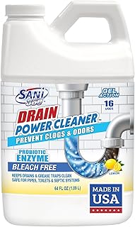 Sani 360 Drain Power Cleaner, Enzyme Probiotic Odor remover, Drain and Garbage Disposal Cleaner, Flush Away Grease, Soap Scum, Lemon scent Septic safe. Save Money on Plumbing, 16 uses, Made in the USA