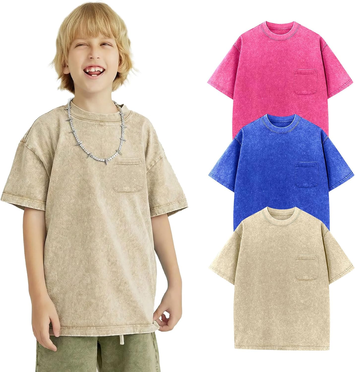 Yimoon 3 Pack Boys Tshirts Kids Oversized T Shirts Cotton Acid Wash Loose Fit T-Shirts Basic Tee Shirts 5-12Y