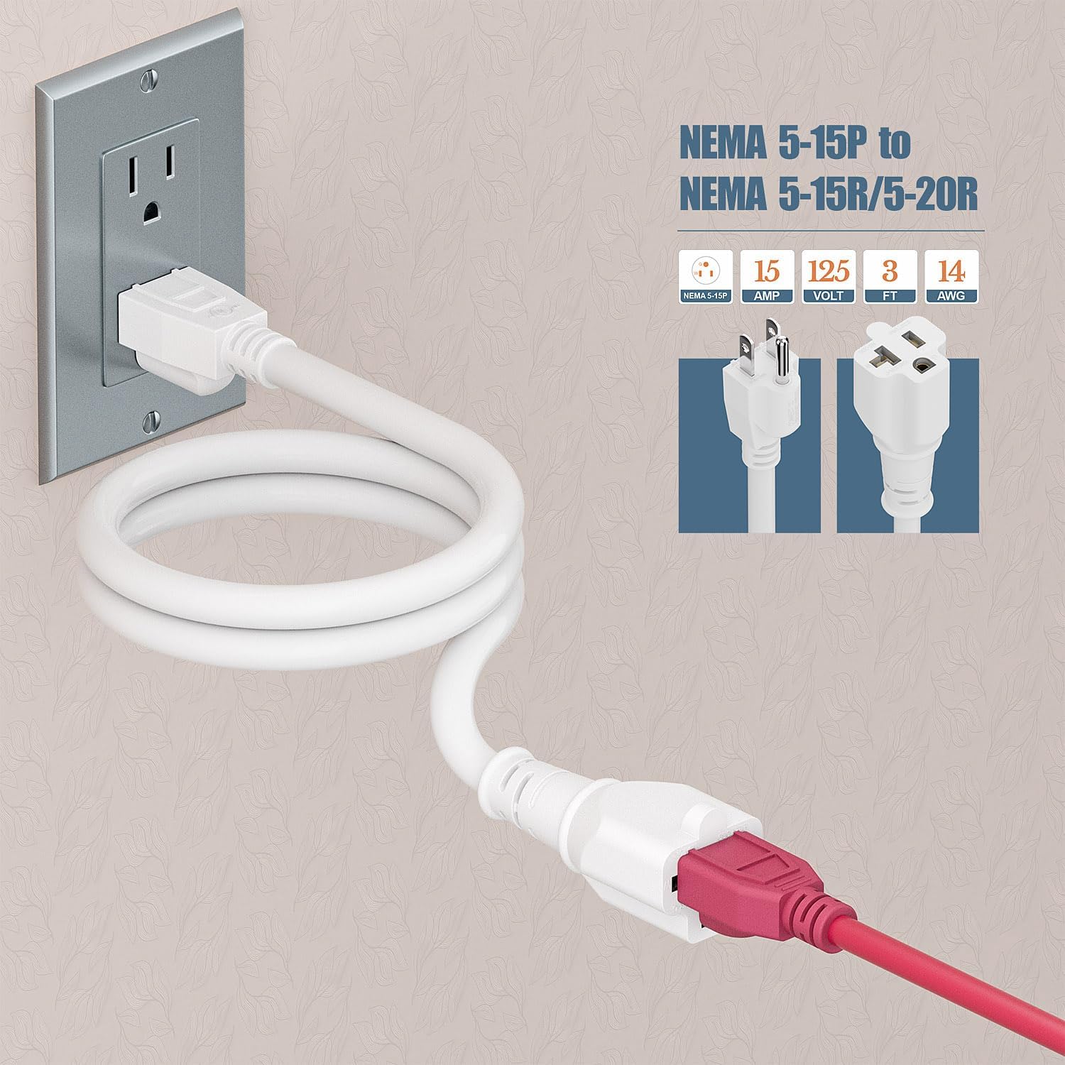 3FT NEMA 5-15P to 5-15R / 5-20R Adapter Cord, Winxus 15Amp to 20Amp Plug Adapter Cable, 14AWG NEMA 5-15P Male to 5-15R / 5-20R Female Extension Cable, White