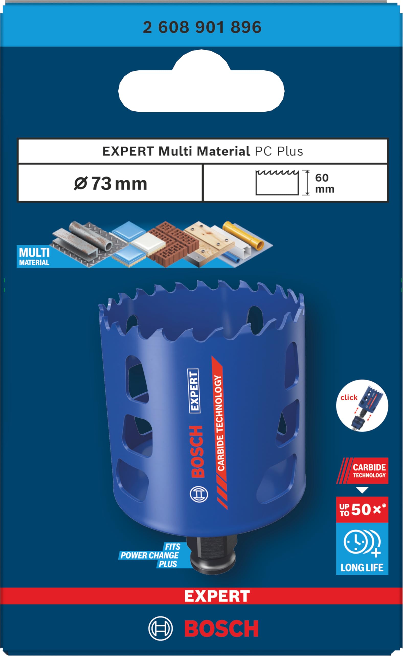 Bosch 1x Sierra de corona EXPERT Multi Material Power Change Plus (para Madera con metal, Ladrillo, Ø 73 mm, Professional Accesorios Taladro)