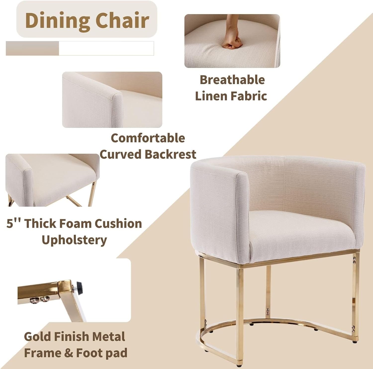 HNY Mid Century Modern Upholstered Barrel Dining Chair with Arms, Linen Kitchen & Dining Room Chair for Dining Room Living Room with Gold Metal Frame, Cream