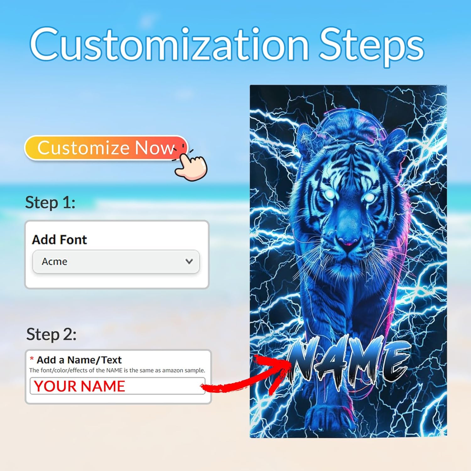 Personalized Tiger Beach Towel for Boys Men, 40”x70” Microfiber Lightweight Sandproof Cool Beach Bath Towels for Kids Adults Travel Swimming Gym, Custom Beach Essential