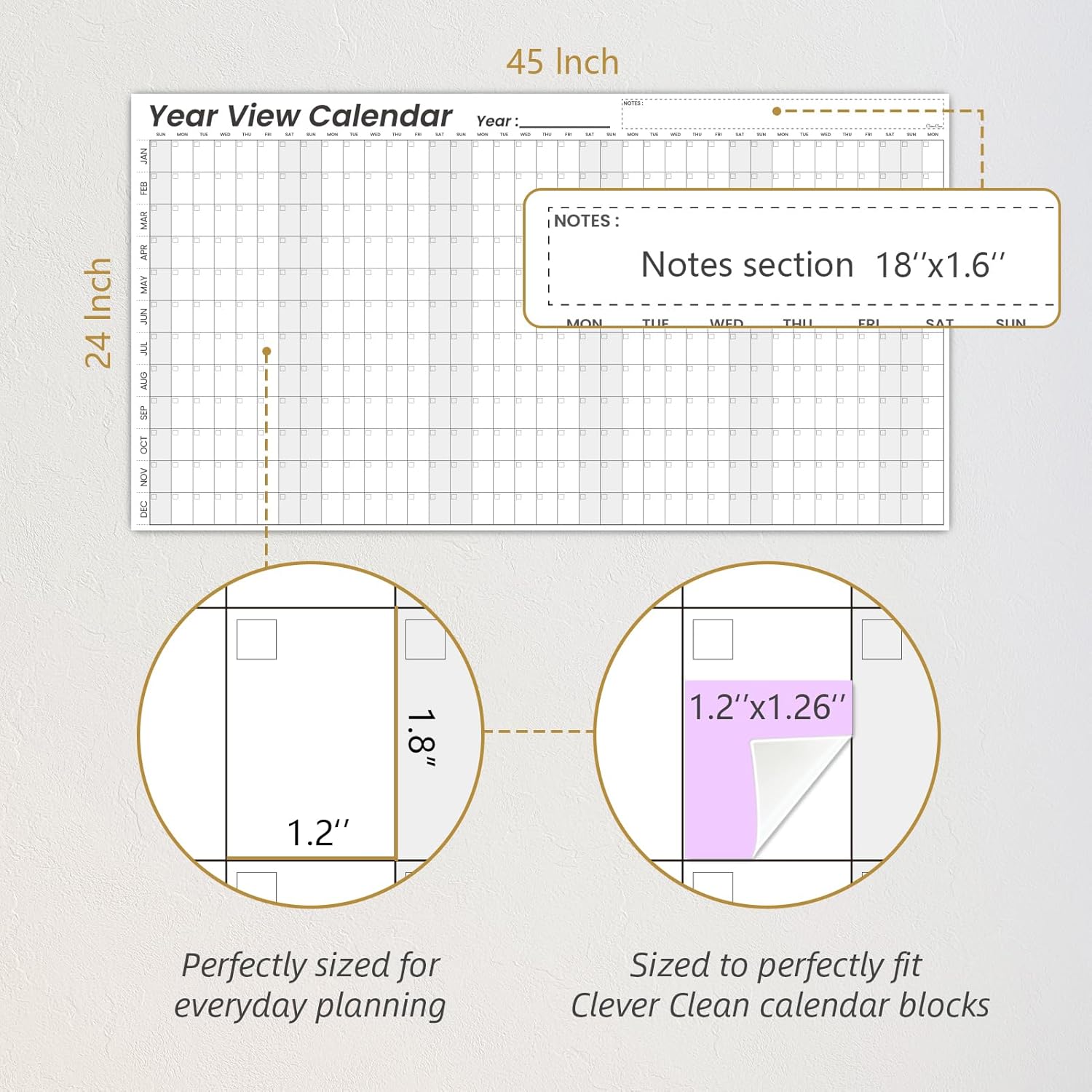 Large Dry Erase Wall Calendar - 24"x 45" Undated 12-Month Yearly Wall Calendar for Home, Office, Classroom - 50 Reusable Dry Erase Color Tabs Included