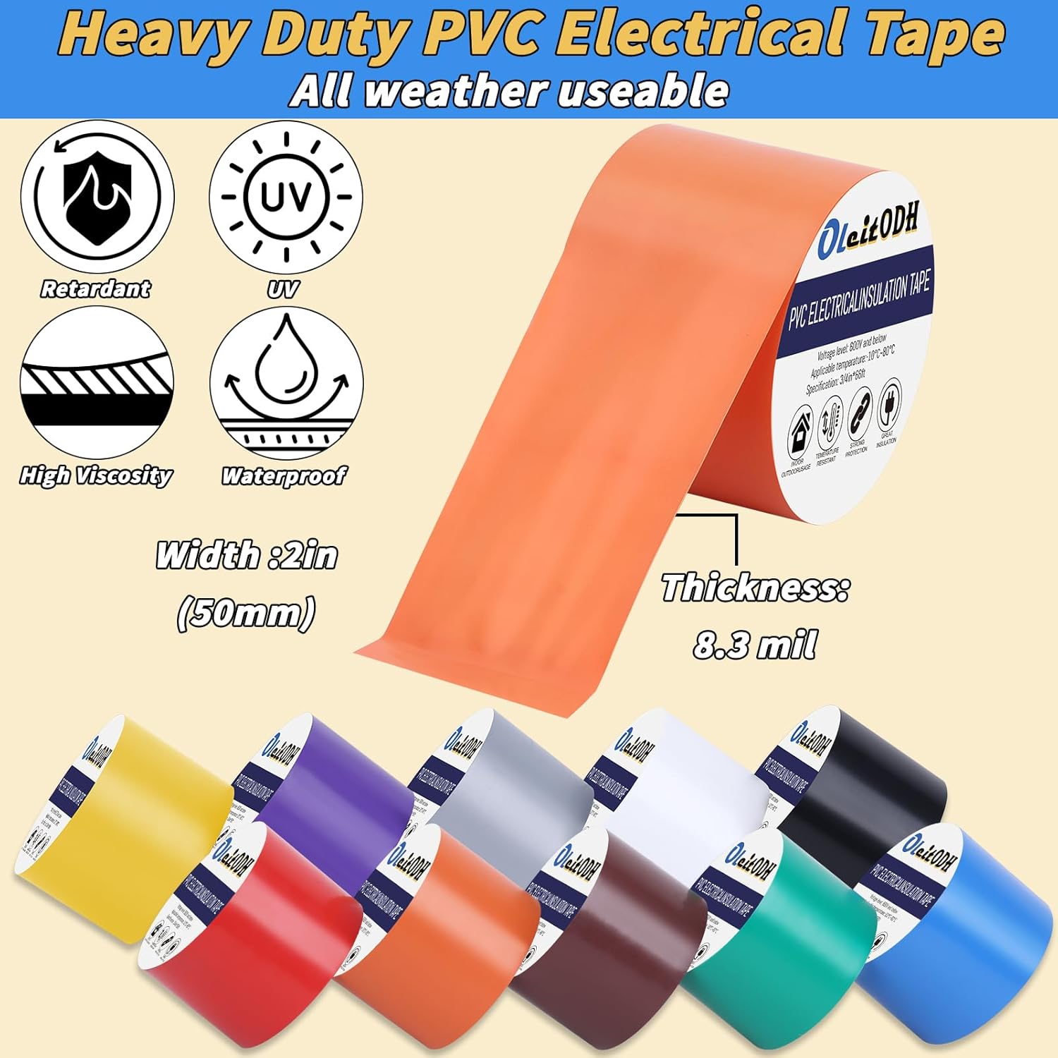 Oleitodh 10 Pack Colored Electrical Tape 2 in x 66 ft Waterproof Electrical Insulating Tape High Temperature Resistance Electric Tape Under 600V Home Outdoor Multipurpose Multicolor Vinyl Tape