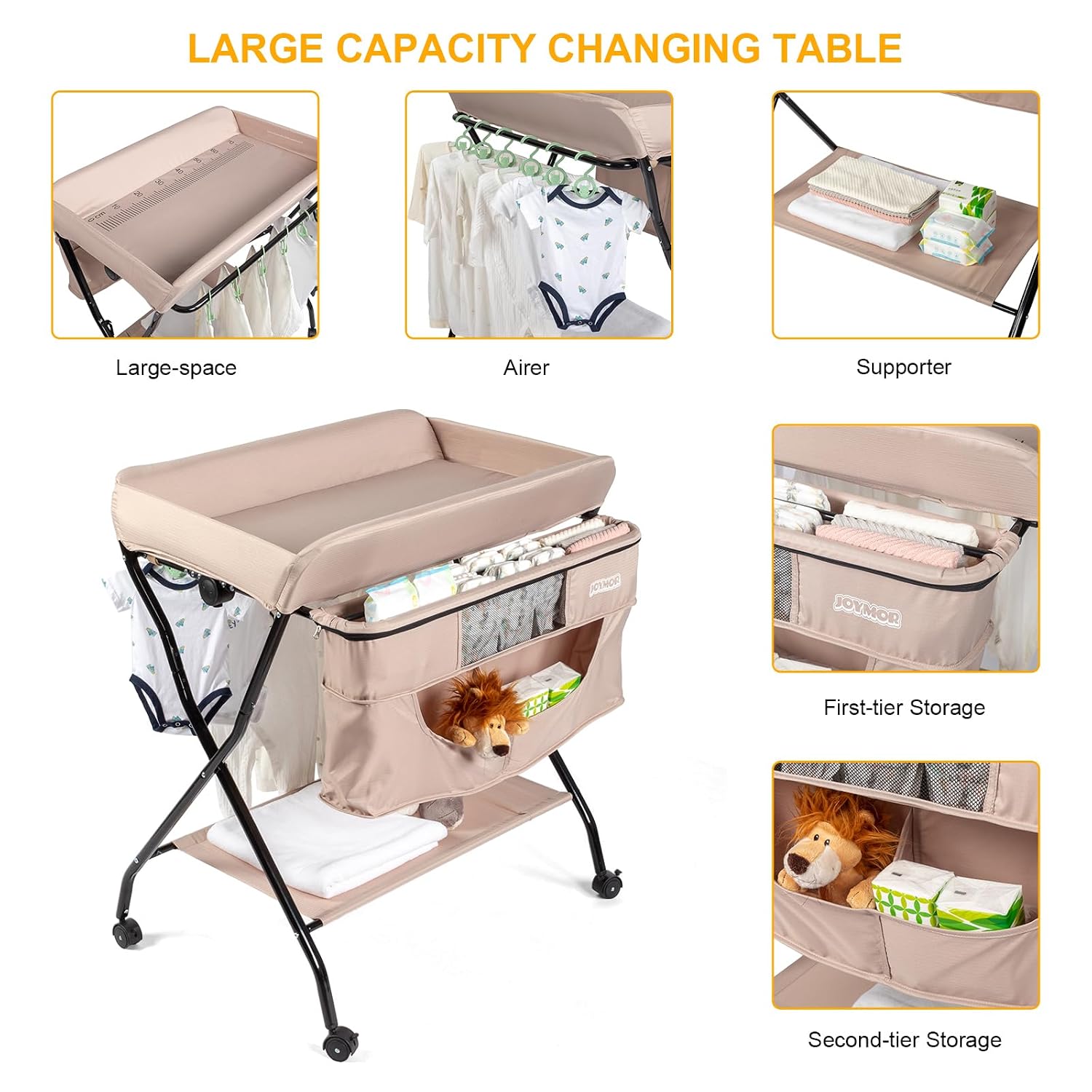 JOYMOR Baby Changing Table Folding Diaper Changing Station with Wheels, Adjustable Height Mobile Nursery Organizer with Large Storage Shelf for Infant and Newborn Baby (Beige)