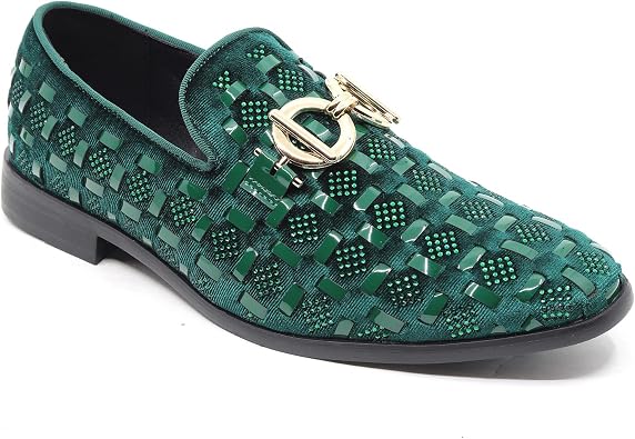 Metrocharm Luxury Velvet Woven Pattern Loafers with Gold Buckle Detail, Rhinestone Embellishments, Formal Dress Shoes, Slip-On Style SM-64