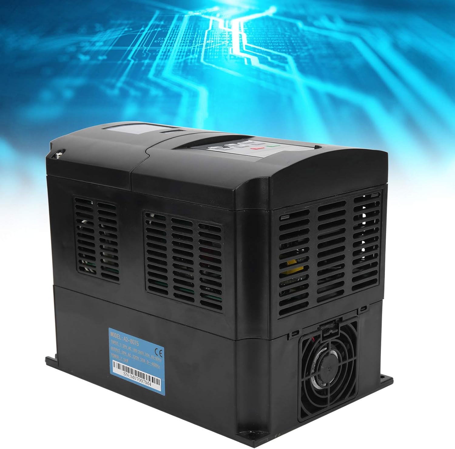 Side view of the Acogedor A2-8075 VFD, showing cooling vents and overall structure.