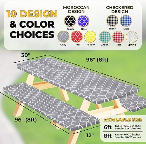 Miniatura 98 de RNOONY Funda de mesa de picnic de poliéster de 8 pies con fundas de banco, resistente al viento y al agua, perfecto para regalos de campamento