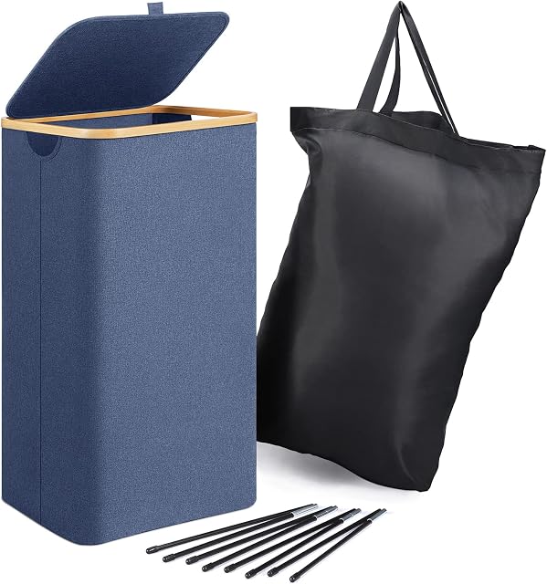 BRIAN & DANY Laundry Basket with Removable Liner, Dirty Clothes Hamper with Lid and Handles, Navy Blue - 70x 39x 29 cm