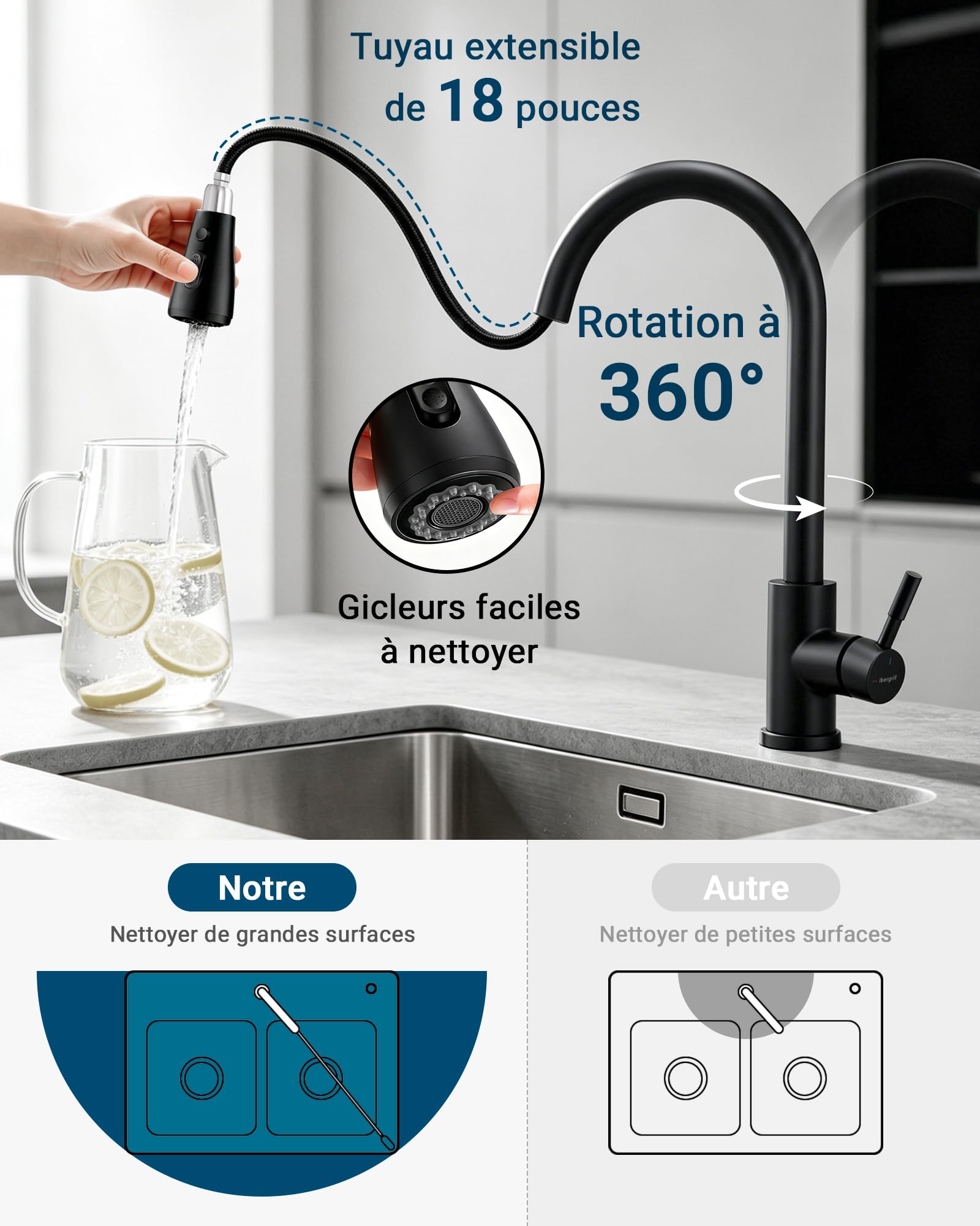 Ibergrif Robinet Cuisine 360° Pivotant Douchette Extractible, Mitigeur Évier Acier Inoxydable Noir Chromé, 3 Modes de Pulvérisation, Économie d'Eau,M22136B