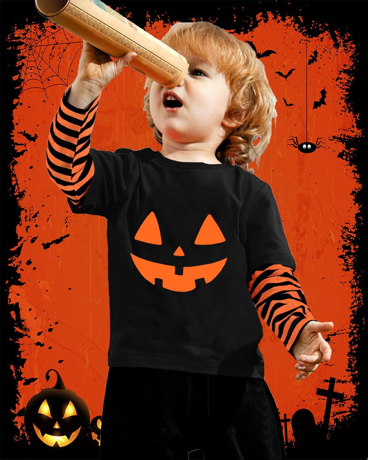 CM-Kid Halloween Shirt for Toddler Boy Girl Pumpkin Skeleton Ghost Dino Stripe Long Sleeve Tops for Kids 2-7 Years