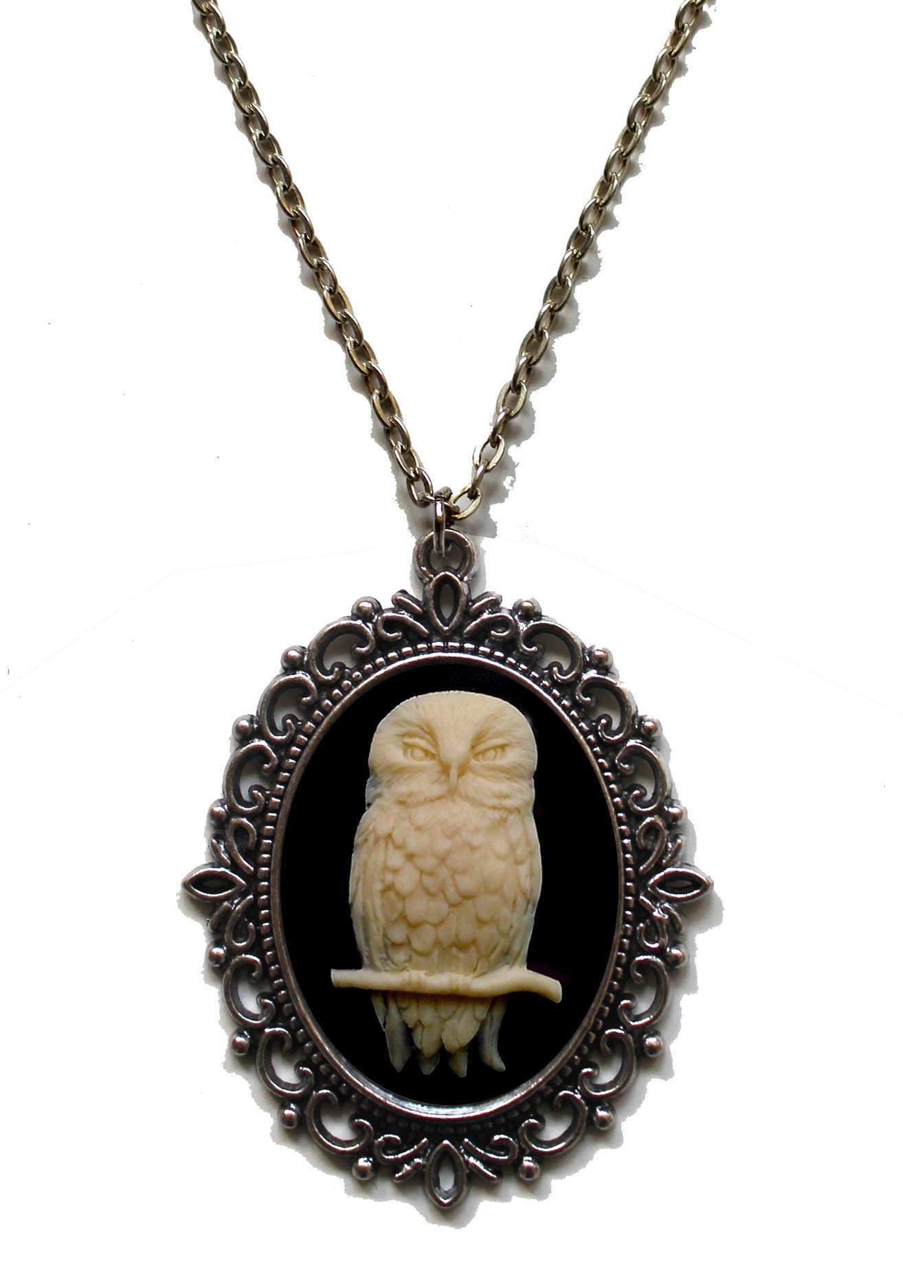 Owl Cameo Steampunk Gothic Pendant Necklace on Chain