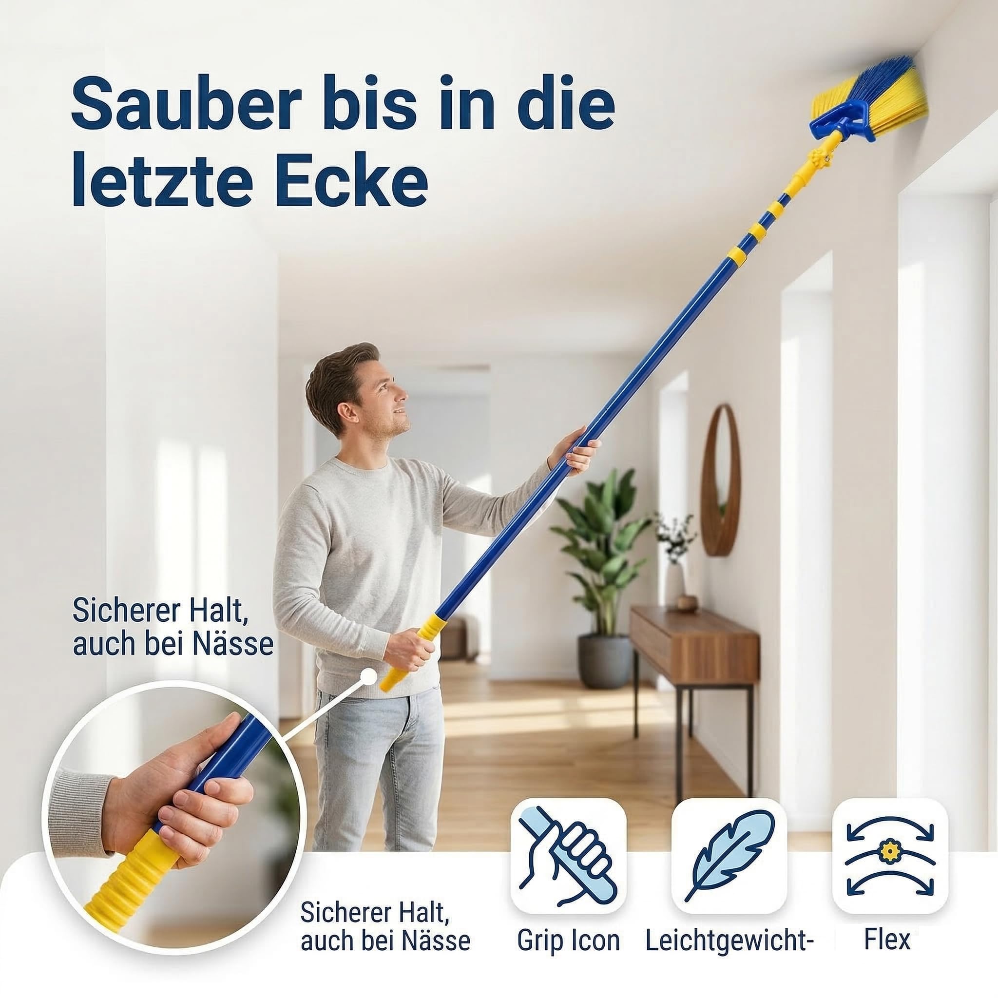 Neustanlo | Eckbesen Set 4 m | Spinnenfeger Dreiecksbesen mit Teleskopstiel | farblich Sortiert | ideal zur Reinigung von hohen Decken und Ecken
