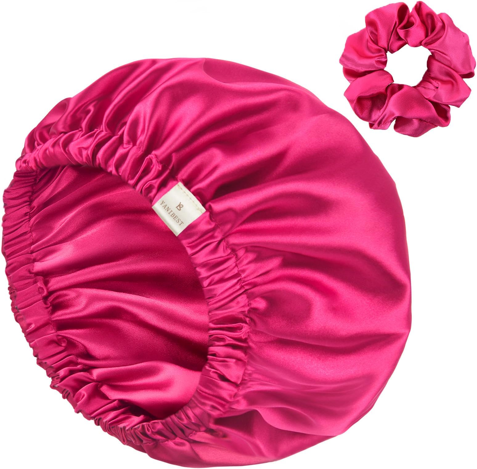Adjustable Satin Bonnet Double Layer Hair Bonnet for Sleeping Bonnets for Women Hats Curly Natural Hair, Hot Pink