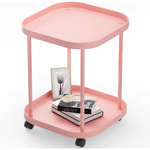 Side Table with Wheels, End Table Living Room Plastic Mobile Sofa Side Table Small Night Stand Bedroom Pink