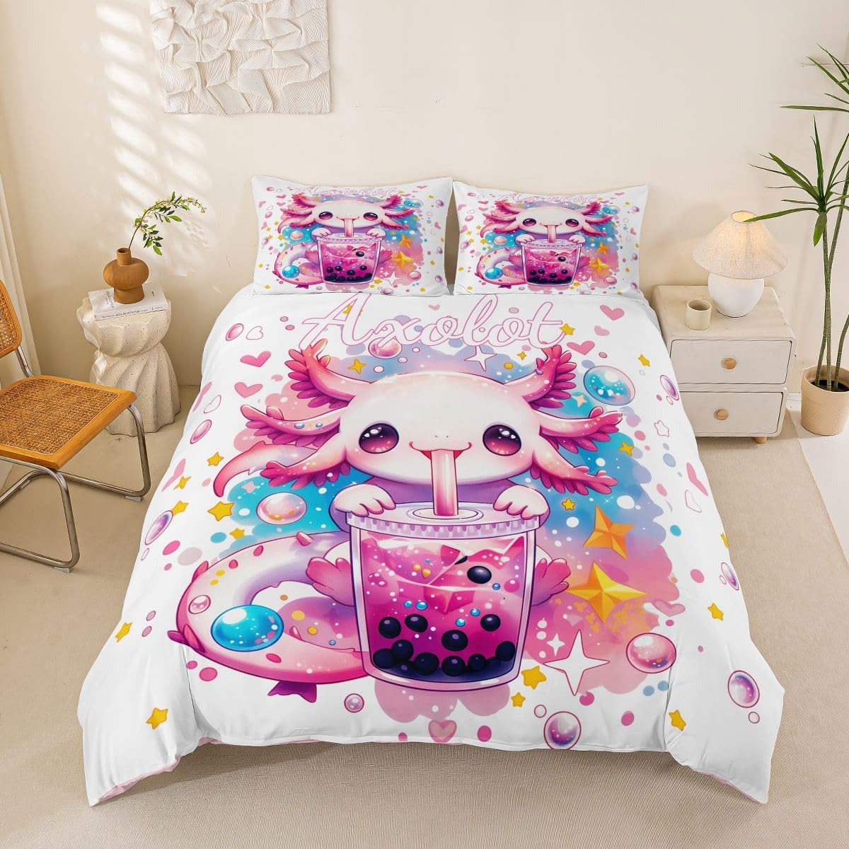 Children's Axolotl Bed Linen Set 135 x 200 cm Axolotl and Milk Tea Print Bedding Set Dreamy Animals Duvet Cover Set Microfibre Girls' Bedroom Decor 2-Piece with Zip
