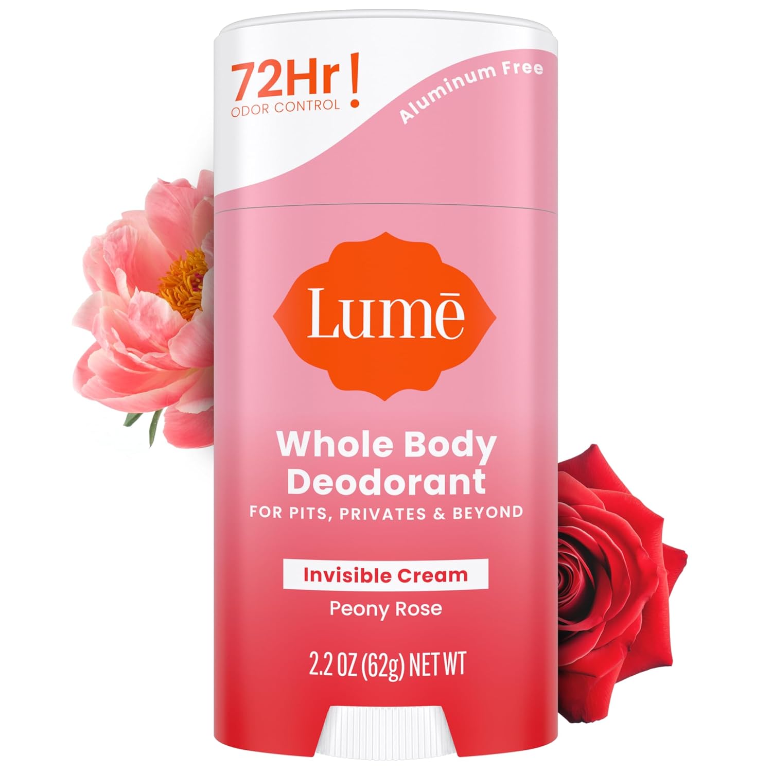 Lume Whole Body Deodorant - Invisible Cream Stick - 72 Hour Odor Control - Aluminum Free, Baking Soda Free, Skin Safe - 2.2 Ounce (Peony Rose)