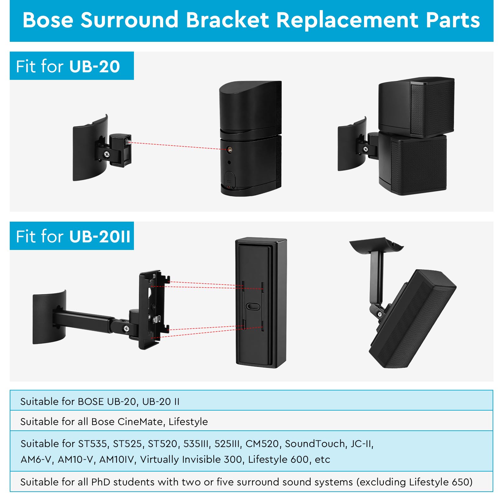 Lot de 2 Supports d'enceinte (Mur/Plafond) Support Mural pour Enceinte, Bras réglable et Angle Ajustable pour séries Bose UB-20, UB-20 Series II, WB-50 II, Lifestyle et SoundTouch (Noir)