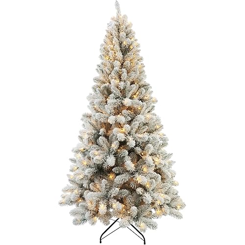Prelit Christmas Tree with Lights 6ft - Premium Snow Flocked Artificial Xmas Tree,with 874 Branch Tips and 250 Warm Lightsm,Support Automatique,Perfect Choice for Christmas Decorations,White