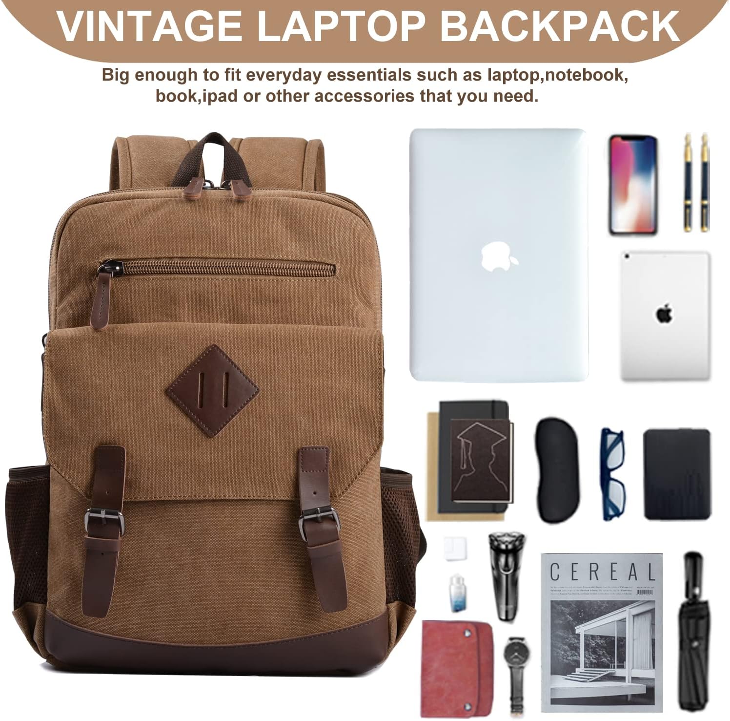 Canvas Vintage Laptop Backpack for Women Men, College Bookbag Fits 15.6 Inch Laptop (Coffee) - Image 6