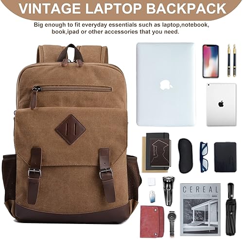 Miniatura 6 de Mochila vintage de lona para laptop para mujeres y hombres, bolsa universitaria para portátiles de 15.6 pulgadas, Café, Mochila vintage para portátil