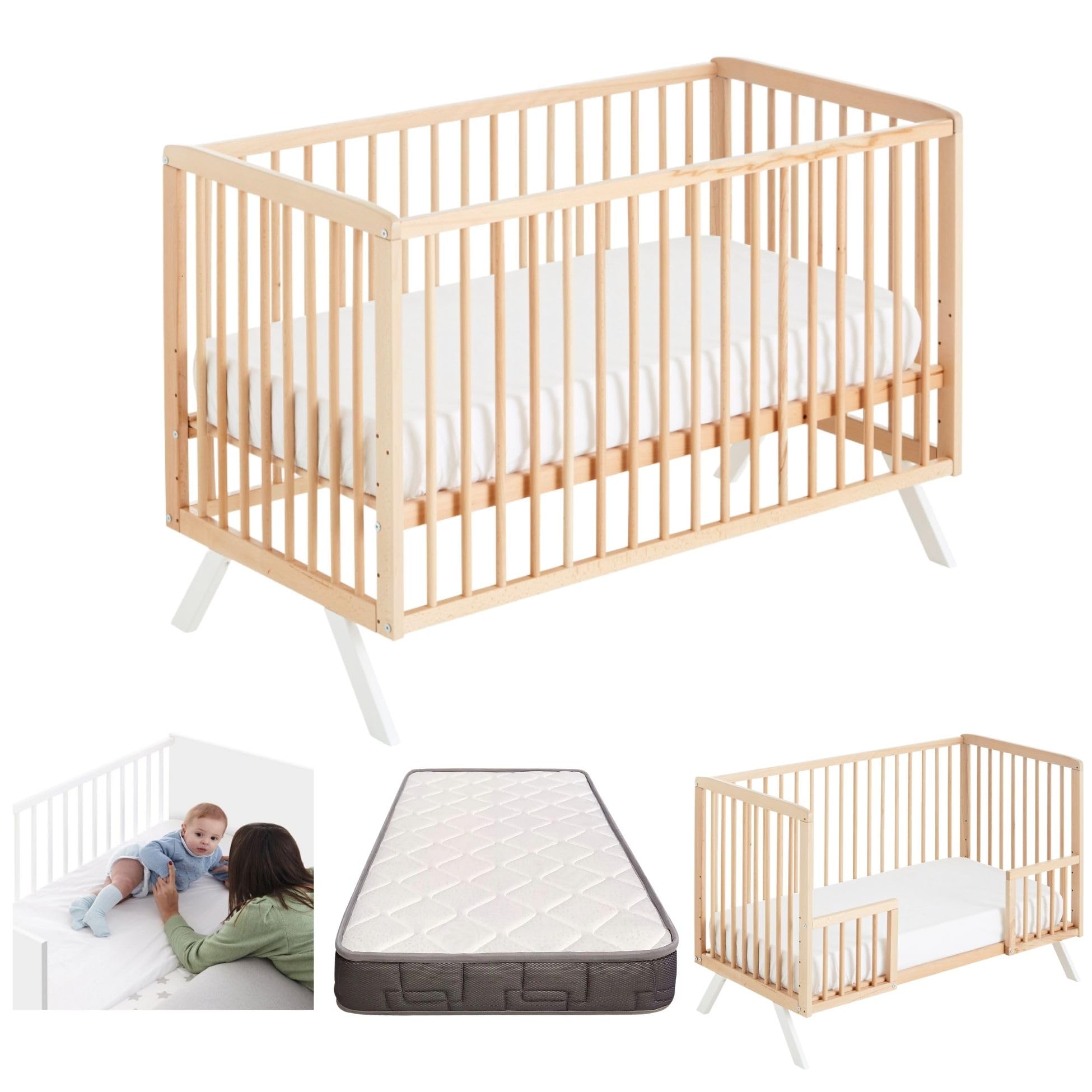 Cuna Colecho de Bebé Koala Estilo Nórdico Natural 120x60 cm, de Madera de Haya, con Colchón Morfeo y Barandillas Naturales CoolDreams