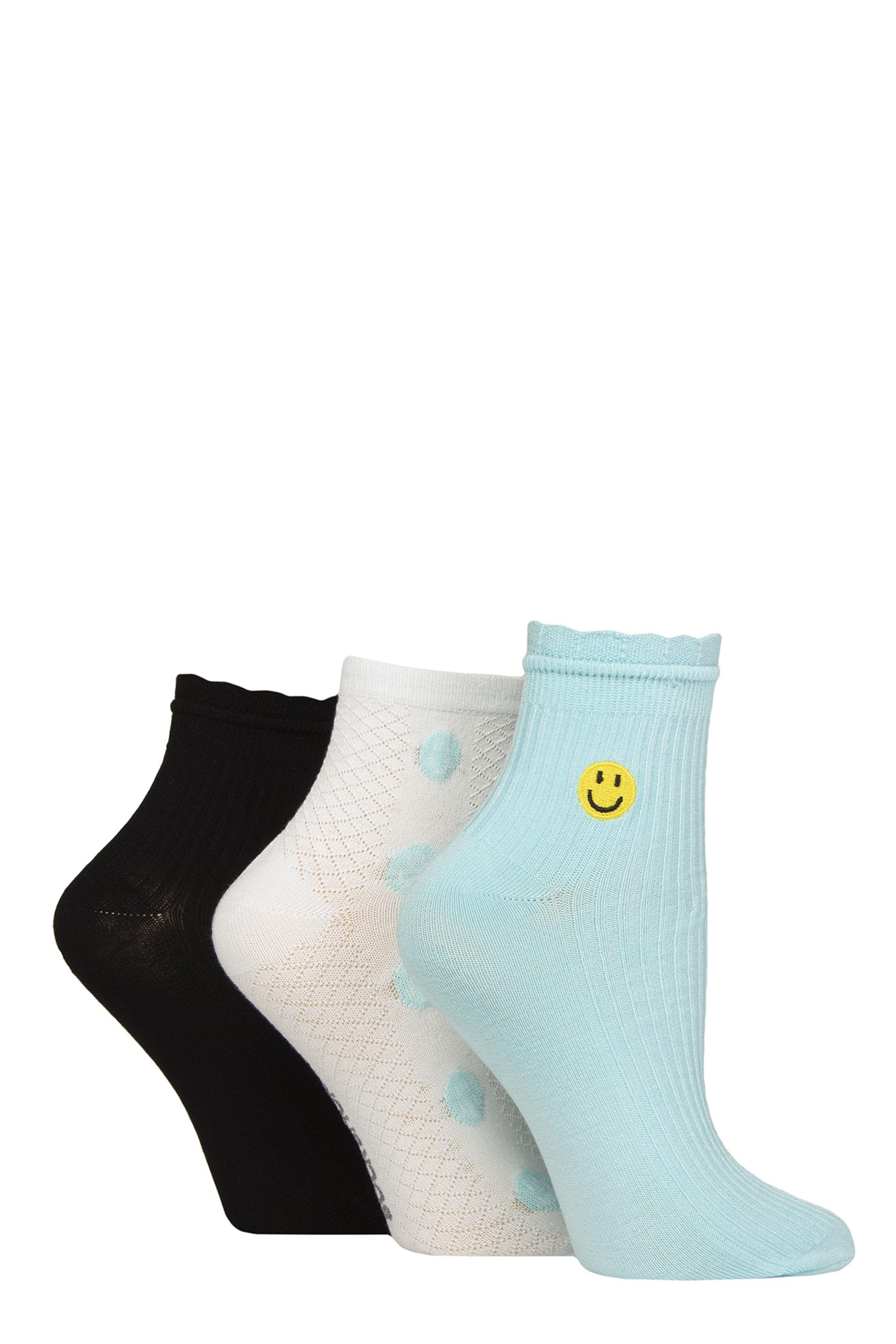 ELLE Ladies Bamboo Anklet Socks - With Frill Welt Cuff, Embroidered Motifs, Textured Weaves,Ribbed in Soft Breathable Cooling Material Multipack of 3 Pairs Size 4-8 Smiley Face