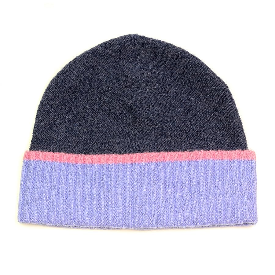 Bonnet tricoté recyclé de qualité premium bleu marine et lilas pour femme