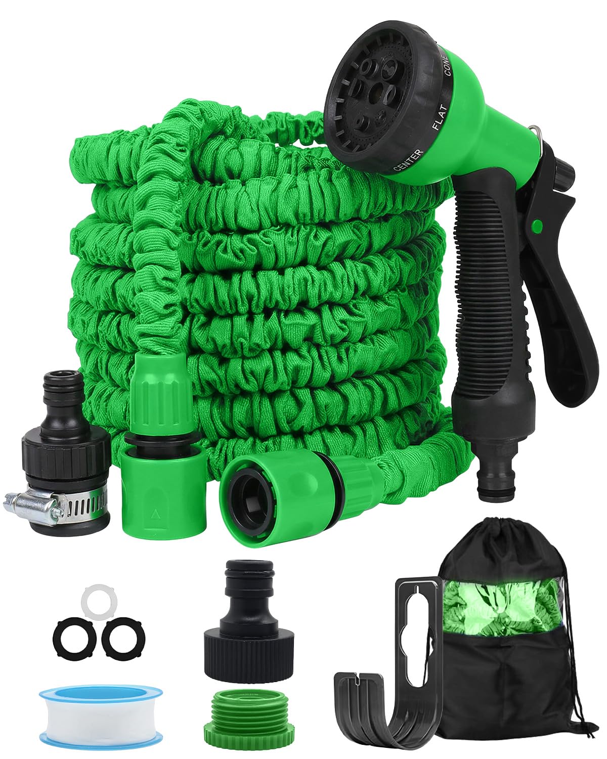 30M/100FT Expandable Garden Hose, Flexible Retractable Water Hose with 8 Spray Patterns, 3/4" & 1/2" Connectors, Anti-Leak Latex Core, Green