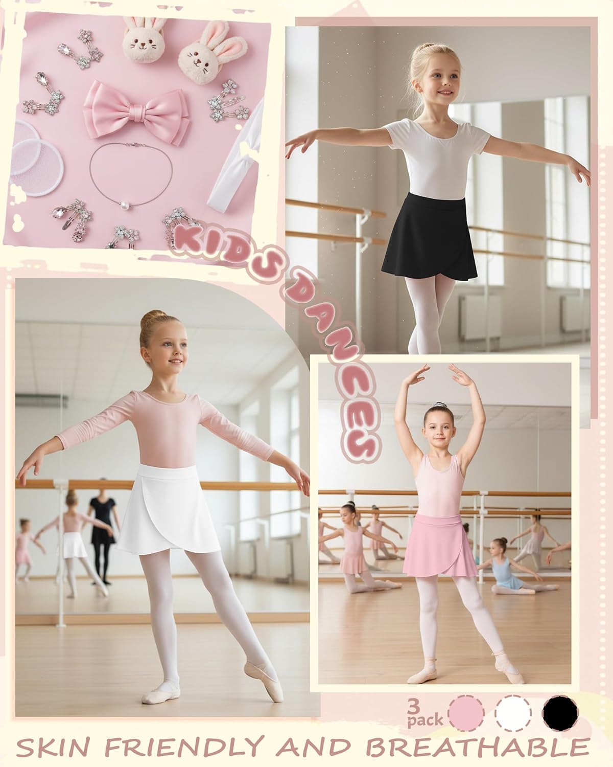 3 Pack Girl's Ballet Skirts Toddler Wrap Dance Ballerina Dress Cross Over Pull on Elastic Waist Yoga 2-12 Years - Image 3