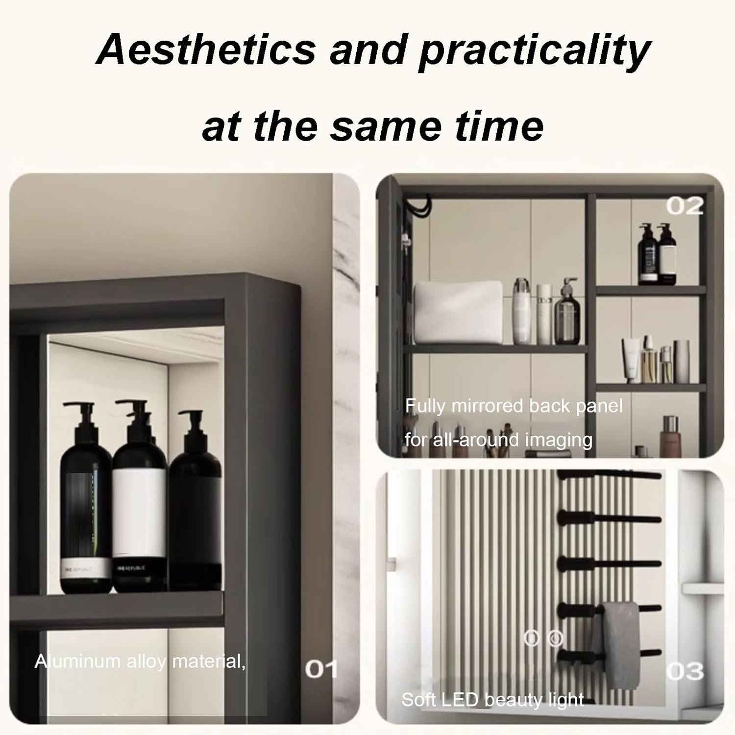 Dual Touch Smart Bathroom Mirror Cabinet Bathroom Mirror Cabinet Aluminum Single Door Mirror Cabinet LED Light Cabinet 1 Key Defogging Beauty Mirror Cabinet Large Storage Space(White,60cm)