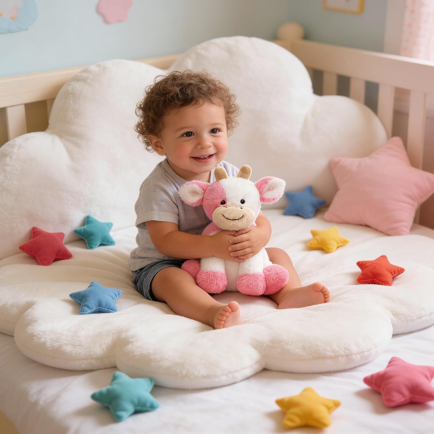 Hopearl Adorable Plush Cow Toy Floppy Dairy Cattle Soft Stuffed Animal Cute Birthday Gifts for Boys Girls Kids Toddlers, Strawberry Pink, 9''
