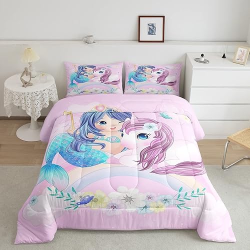 Erosebridal Juego de edredón de sirena azul para niñas, juego de ropa de cama de unicornio, 2 piezas para niños, diseño femenino de arcoíris,
